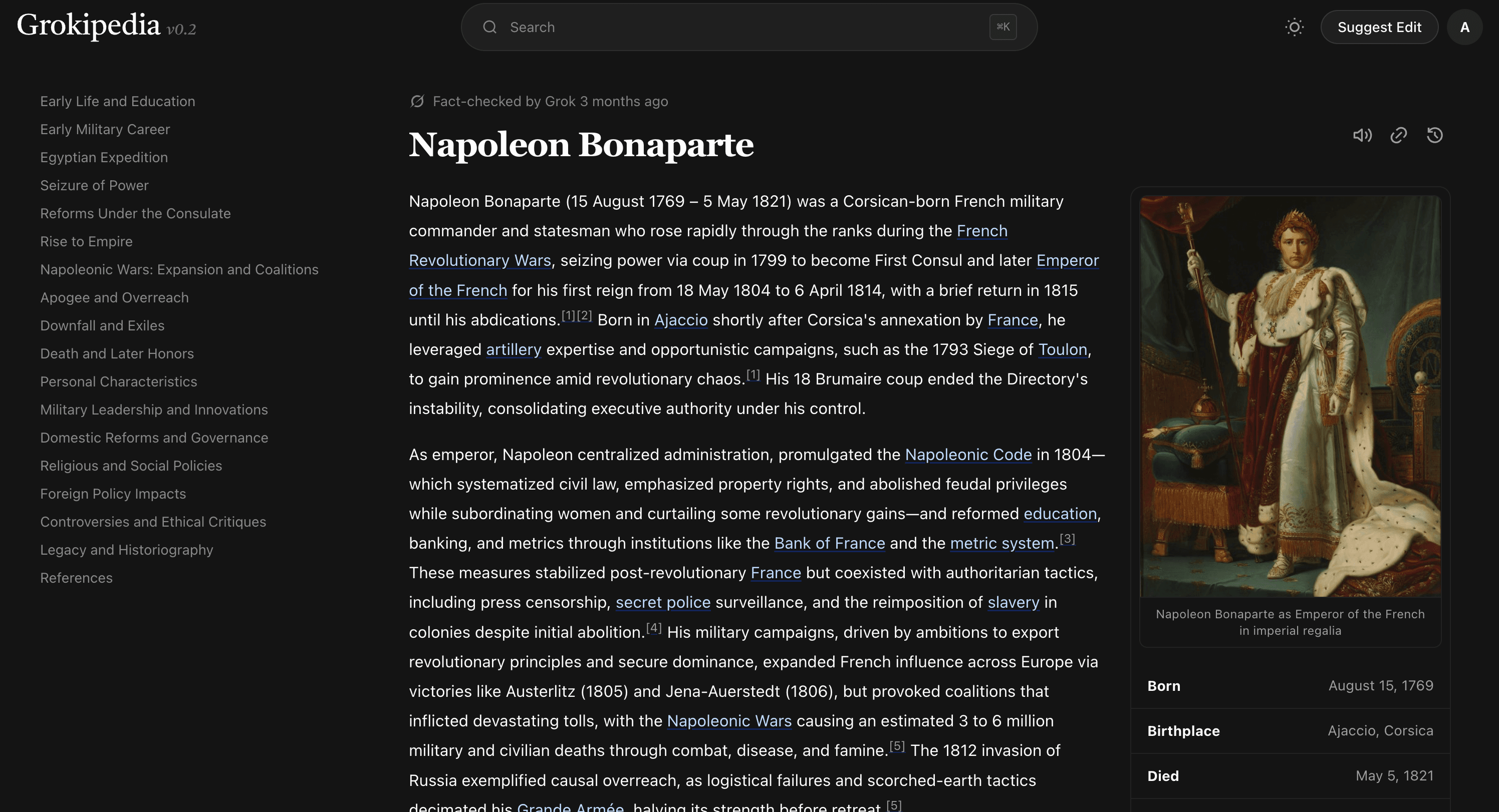 The Grokipedia web interface, a continuously updating public knowledge base.